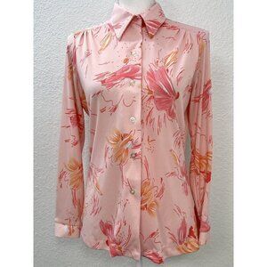 VTG 1970s ALFRED DUNNER Womens MEDIUM 14 Pink Floral Polyester Disco BLOUSE EUC